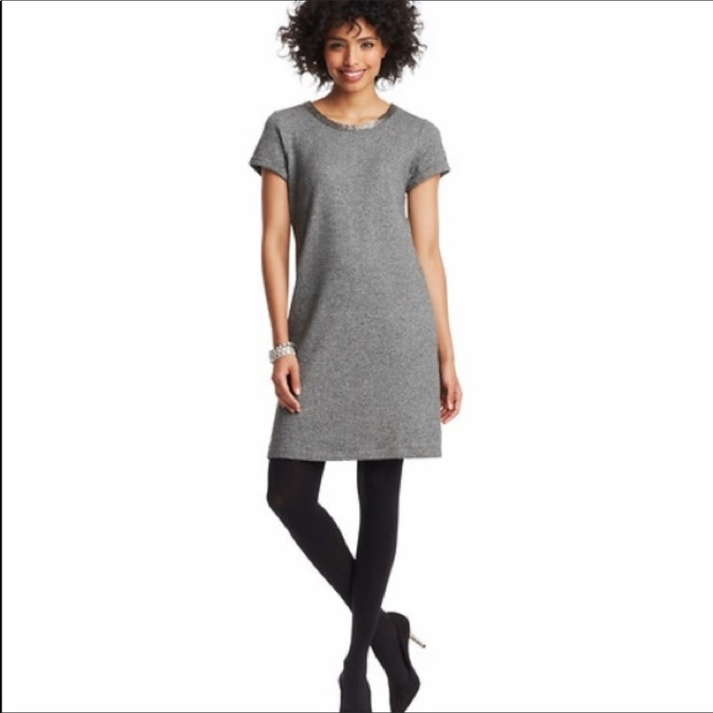 Loft short sleeve gray dress beaded neckline XS